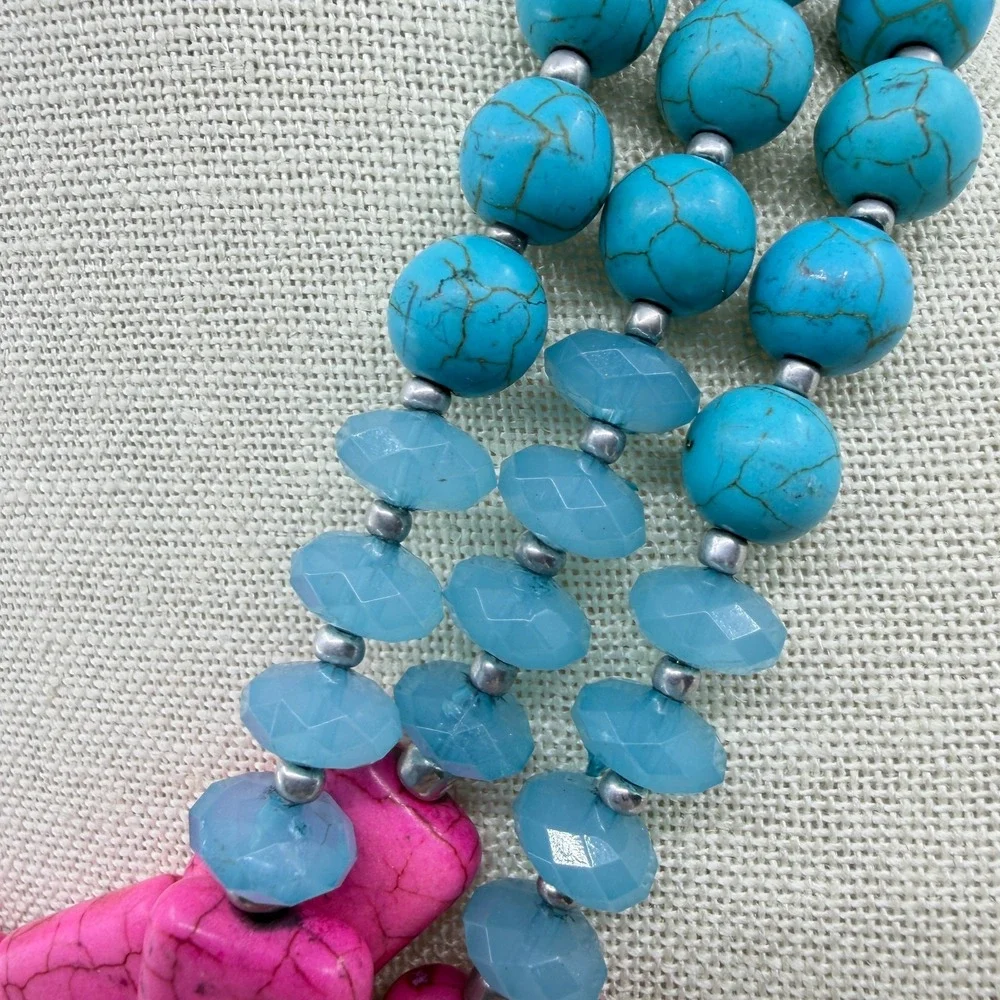 Hot Pink Turquoise Blue Bead Triple Strand Necklace Chunky Boho Statement Gift